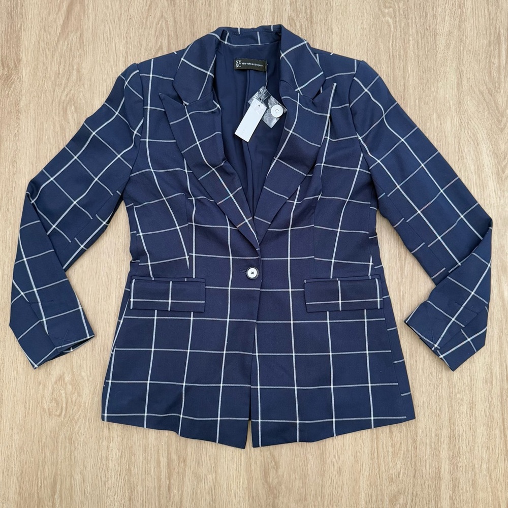 NWT New York & Company XS Navy Blue & White Plaid Blazer Business Casual